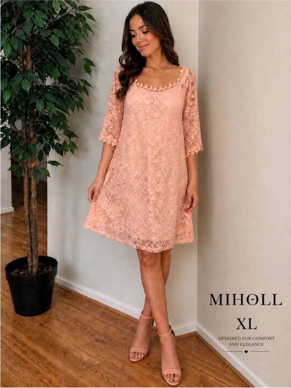 Miholl Peach Floral Lace Shift Dress Size XL Boho Romantic NWT